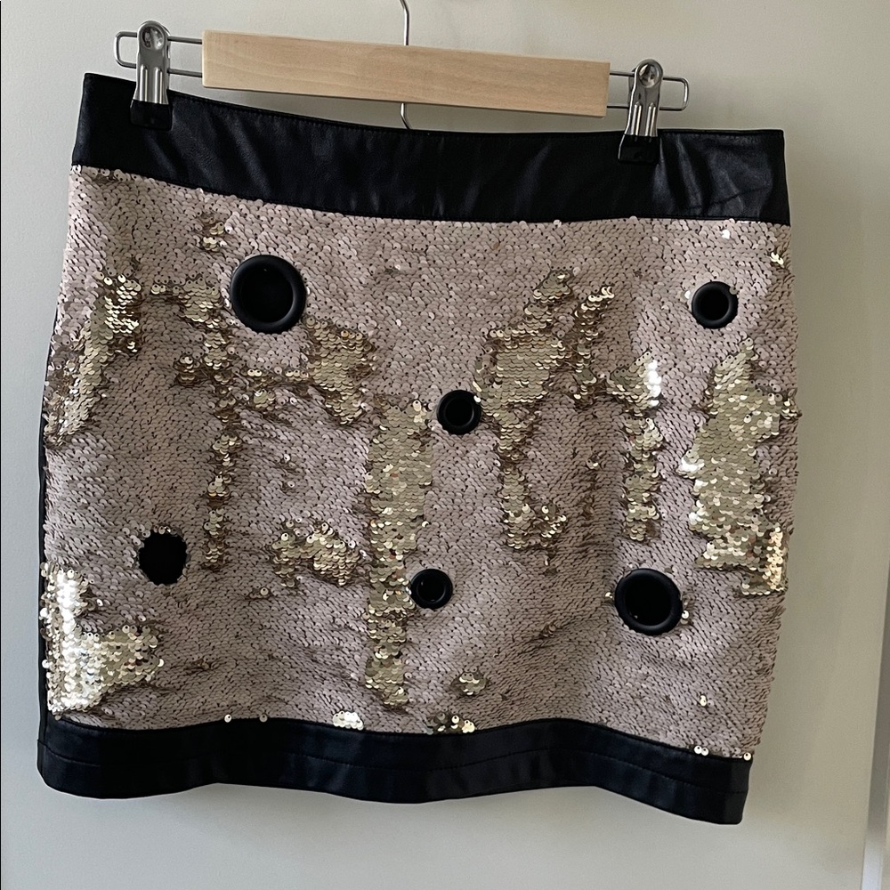 Sequin Mini Skirt with Gold Accents and Black Trim